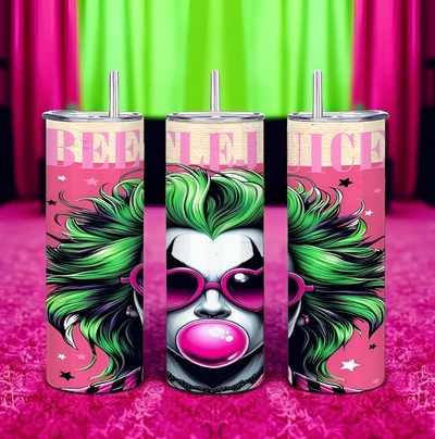 Hot Pink Beetlejuice Tumbler, Goth Punk 20oz Skinny Tumbler, Creepy Cute Horror Movie Fan Gift, Neon Green Hair