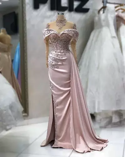 Aso Ebi Mermaid Prom Beaded Crystals Lace Evening Formal Party Second Reception Birthday Engagement Gowns Dress Robe De Soiree