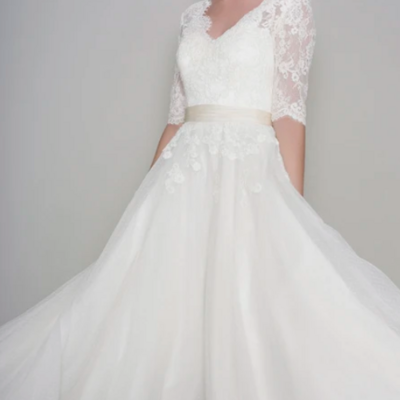 Simple half sleeve ankle length short wedding dresses with applique - Thumbnail 1