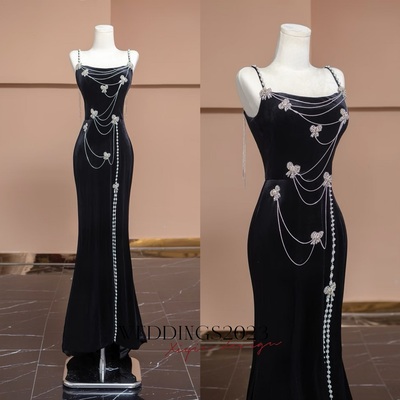 Dark blue spaghetti strap mermaid with beading prom dresses 