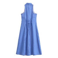 Striped lapel single-breasted sleeveless tie-down maxi dress - Thumbnail 2