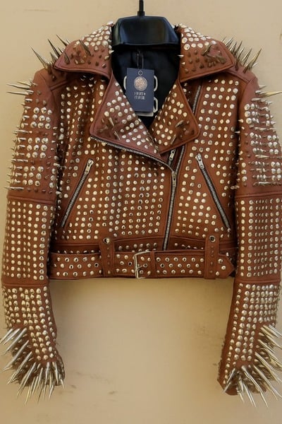 Crafted Leather Men Classy Women Dark Brown Leather Studded Jacket with Silver Studs and Spikes