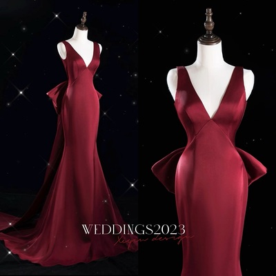 Burgundy deep v neck mermaid backless back with removable bow prom dress