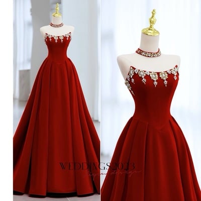 Hot sale red strapless velvet lace up back floor length with decorative diamonds prom dress 