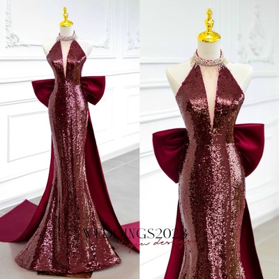Sexy deep v neck mermaid sequins floor length with bow backless back prom dress 