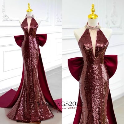 Sexy Deep V neck Mermaid Sequins Floor Length with Bow Backless Back Prom Dress 