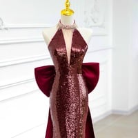Sexy Deep V neck Mermaid Sequins Floor Length with Bow Backless Back Prom Dress  - Thumbnail 2