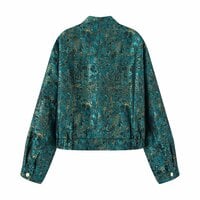 Retro style metallic line textured stand collar long sleeve jacket - Thumbnail 2