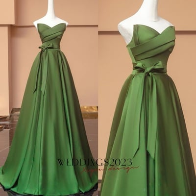 Green sweetheart neck a-line satin with belt prom dress