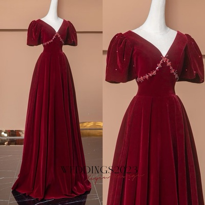 Burgundy v neck short sleeves backless back velvet prom dress