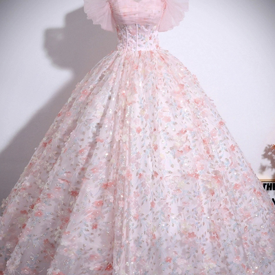 Beautiful pink tulle sequins long prom formal gown