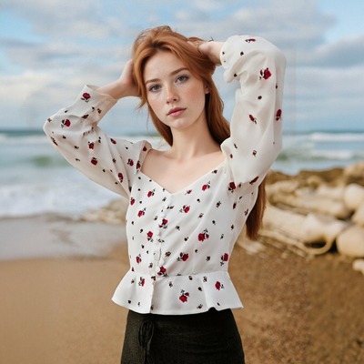 Square collar puff flower long sleeve top - Thumbnail 2
