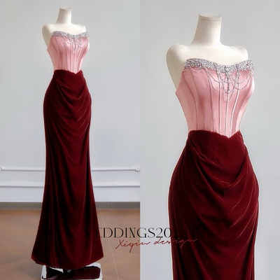 Pink satin strapless beading mermaid velvet floor length prom dress