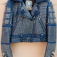 Crafted Leather Classy Women Inkstorm Blue Leather Studded Jacket with Silver Studs and Spikes - Thumbnail 1