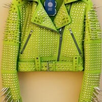Crafted Leather Classy Women Yellow Green Leather Studded Jacket with Silver Studs and Spikes - Thumbnail 1