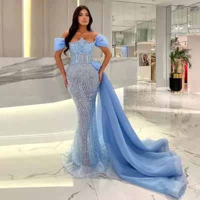 Sky beading blue evening dresses sparkly handmade pearls side train mermaid formal prom party gowns