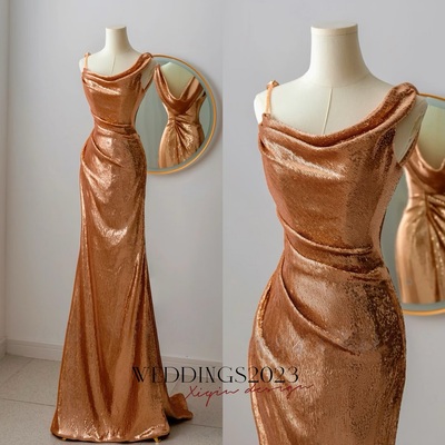 Gold Sparkly Sequins with Open Cowl Back Formal Prom Evening Dress