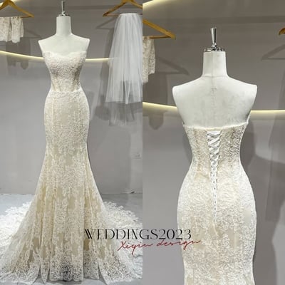 Lovely champagne off the shoulder mermaid lace wedding bridal dress, unique custom reception elopement dress with train 