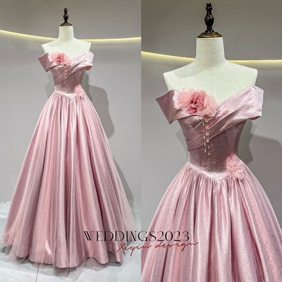 Lovely pink satin long prom dresses, a-line off the shoulder formal party dresses