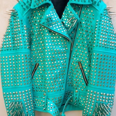 Crafted leather women classy cyan gothic emo style leather studded jacket with silver studs and spikes