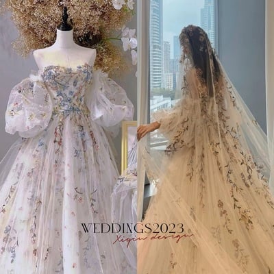 Exquisite 3D Flower Embroidery Wedding Dress, Strapless Silky Tulle Pleated Bridal Gowns, Sweep Train Wedding Dress