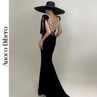 Black Mermaid Eembellished Velvet Open-back Maxi Dress,Floor Length Black Prom Dress - Thumbnail 1