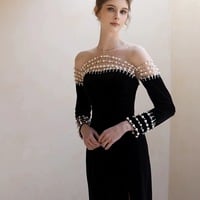 Elegant Velvet Evening Dress Women Luxury Pearls Long Sleeves Mermaid Pageant Dresses Black Split Illusion Back - Thumbnail 4