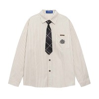 Letter Embroidered Vertical Stripes Long Sleeve Shirt with Tie - Thumbnail 2