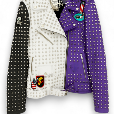 Crafted leather new handmade classic punk style purple/white/black studded adorable leather jacket