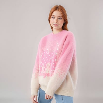 Gradient cat jacquard faux mink sweater loose round neck plush casual sweater