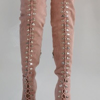 New Women Suede Thigh High Peep Toe Lace Up Stiletto Boot - Thumbnail 7