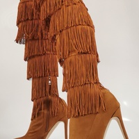 Fashion Multi-layered Fringe Over The Knee Boots Brown Suede Stretch Fabric Pointed Toe Zipper Winter Tall Boots - Thumbnail 1
