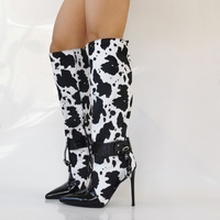 Stiletto High Heeled Ankle Boots, White Black Cow Print Thin Bootie, Sexy Fashion Designer Hot Special Dressy Lace Up - Thumbnail 1