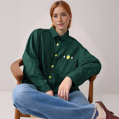Green Vertical Stripe Embroidered Cotton Long Sleeve Shirt