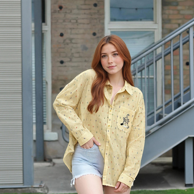 Polka Dot Embroidered Vertical Striped Cotton Long-Sleeved Shirt
