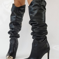 Women's Ruched Slouchy Knee High Boots Black - Thumbnail 7