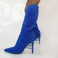 Blue Side Lace-up Pointy Toe Stiletto Knee-high Boots - Thumbnail 1