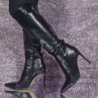 Black High Heel Knee High Boots Pointed Toe Buckle Detail Knee Length Boots - Thumbnail 1