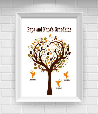 8"x10" Family Tree with Birds for Grandparents Tree Poster Print / Wall Art