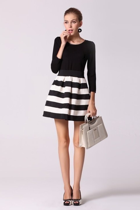 Chevron dress Black And White Stripe Slim Elastic Waist Long Sleeve Elegant Dress