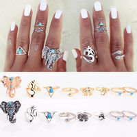 8PCS Vintage Boho Tribal Ethnic Turquoise Ring Hippie Gothic Elephant Snake Set - Thumbnail 2