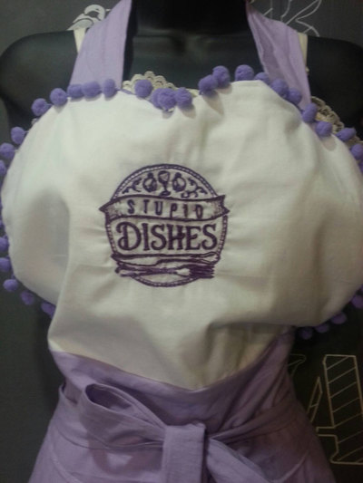 Kitchen Sass Collection: Stupid Dishes & ImSorry for what I said Reversible Embroidered Apron with Lilac Polka Dot
