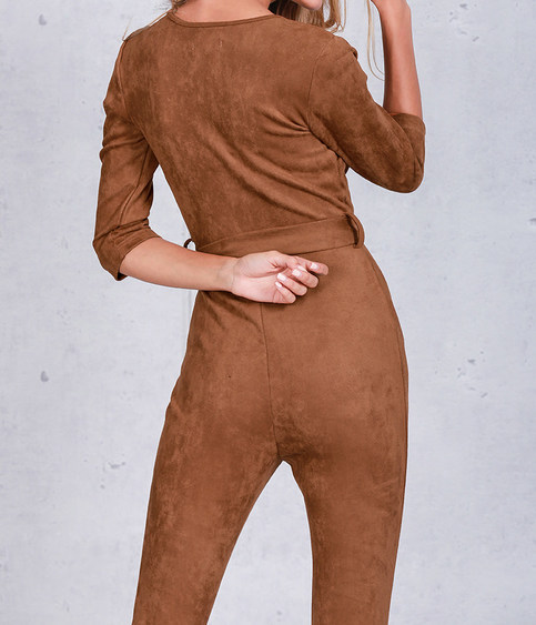 Brown Suede Playsuit Front Deep V With Belt