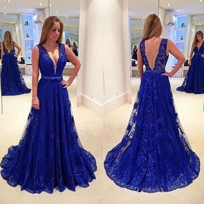 Royal blue a-line v-neck sleeveless natural sweep/brush train lace prom dresses 