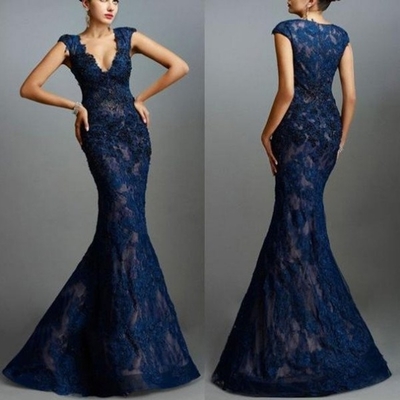Blue Mermaid V-Neck Sleeveless Natural Zipper Floor-Length Lace Prom Dresses 