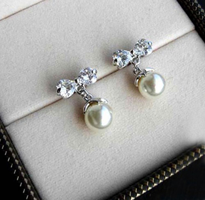 Sweet Crystal Bow Dangling Beads Earrings Studs. Cute Bling Ribbon Earrings