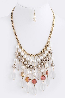 PEARL AND BUBBLE BEAD DANGLE NECKLACE SET (More Colors)