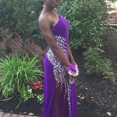 One shoulder sheath chiffon purple prom dresses crystals women party dresses - Thumbnail 3