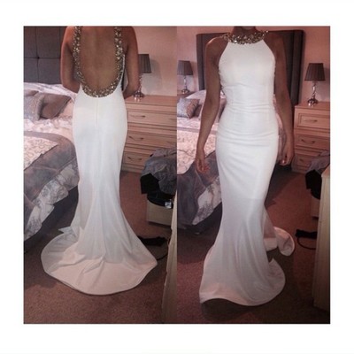 Open back mermaid white chiffon prom dresses crystals floor length women dresses - Thumbnail 2