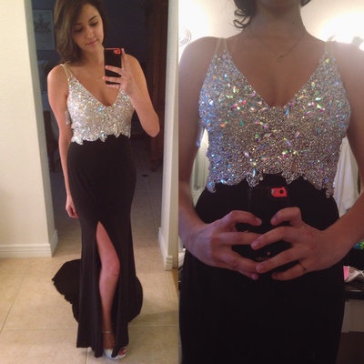 V-neck sheath chiffon prom dresses long crystals floor length women dresses - Thumbnail 1